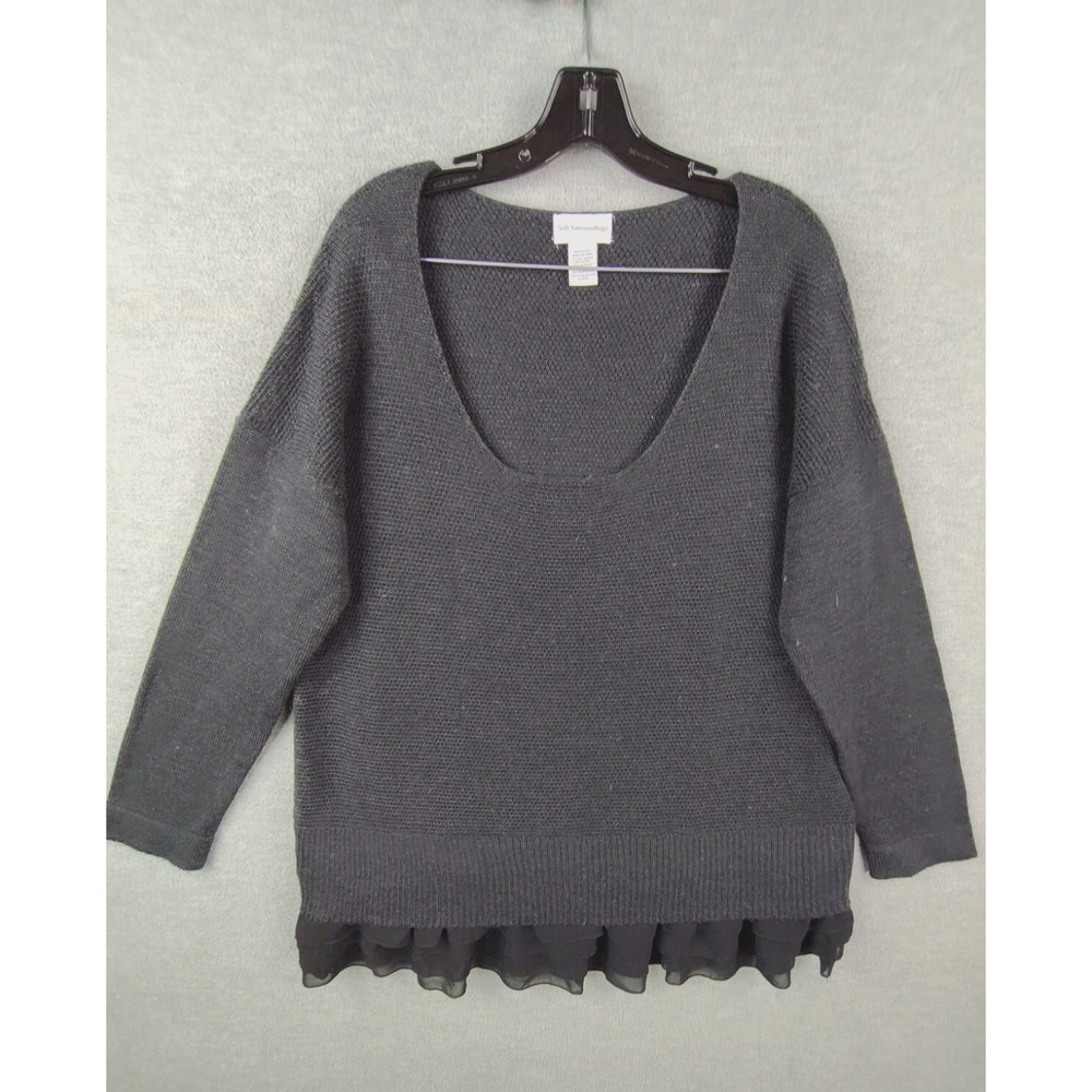 Soft Surroundings Womens Sweater XL Gray Ruffle Hem Career Knit Wool Tunic